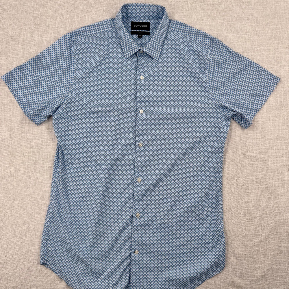 Bonobos Slim Fit Long Short Sleeve Button Down Shirt Blue Geometric Tile Mens L - Picture 2 of 11